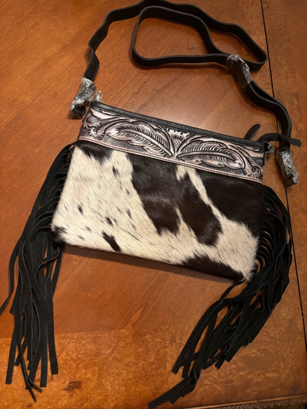 Fringe Cowhide Crossbody Bag with Tooled Trim - Black & White